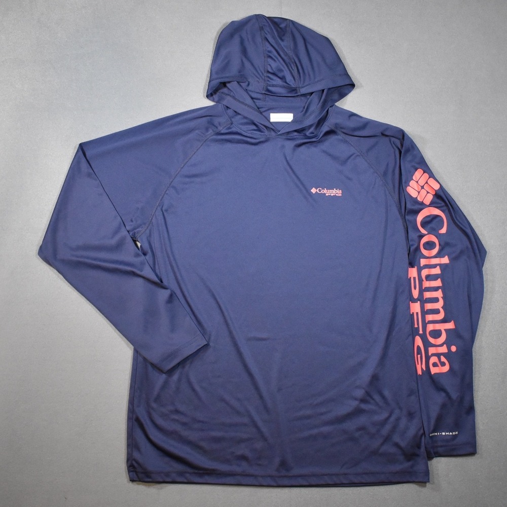 Columbia PFG Terminal Tackle Hoodie Shirt Mens Large Navy Blue Red Omni-Shade - Picture 2 of 8